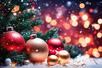 Naklejka na ściany i meble Christmas pine cone bells and blurred lights festive atmosphere background