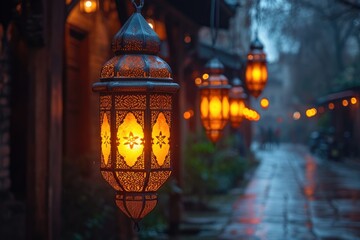 Arabic hanging lanterns at the dark night thick with Muslim atmosphere professional photography