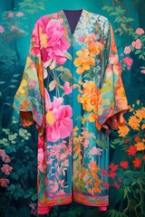 Colorful photorealistic kimono with flowers printed on teal blue background  dark green and magenta, large-scale canvas, cottagepunk, decorative borders