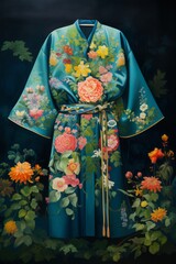 Naklejka premium Colorful photorealistic kimono with flowers printed on teal blue background dark green and magenta, large-scale canvas, cottagepunk, decorative borders