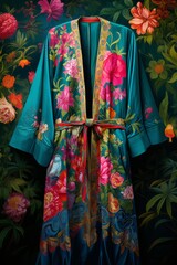 Traditional kimono , colorful photorealistic kimono with flowers printed on teal blue background  dark green and magenta, large-scale canvas, cottagepunk, decorative borders