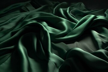 Dark green textured fabric with smooth folds. High-end and luxurious surface. Generative AI