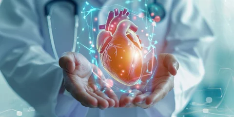 Foto op Aluminium doctor hands holding heart hologram © BackgroundWorld