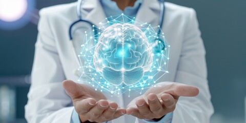 doctor hands holding hologram brain