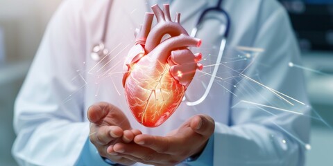 doctor hands holding heart hologram