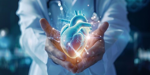 doctor hands holding heart hologram - obrazy, fototapety, plakaty