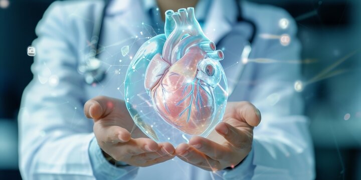 doctor hands holding heart hologram