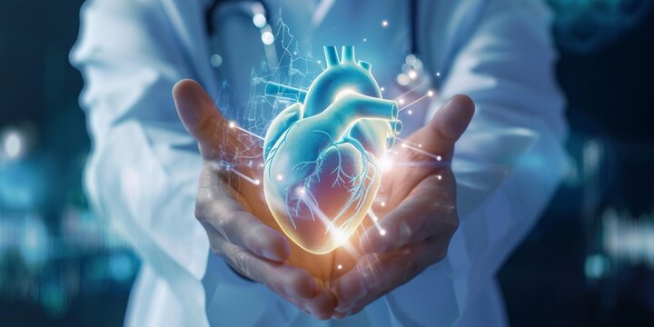 doctor hands holding heart hologram