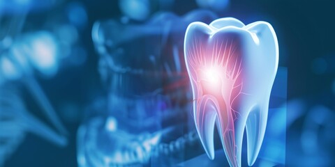 tooth pain hologram representation over medical background - obrazy, fototapety, plakaty