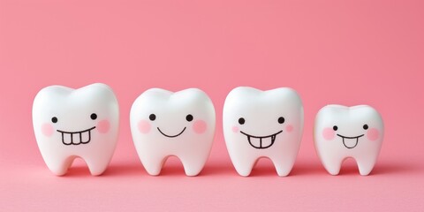 teeth happy family isolated blue background. Smiling tooth with faces