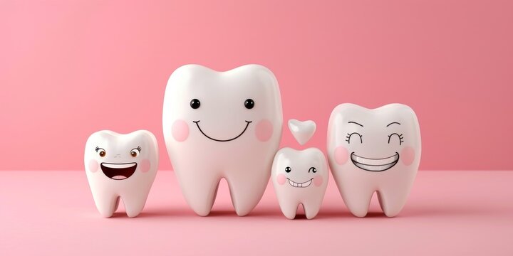 teeth happy family isolated blue background. Smiling tooth with faces