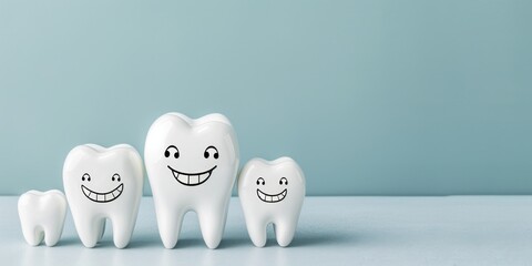 teeth happy family isolated blue background. Smiling tooth with faces - obrazy, fototapety, plakaty