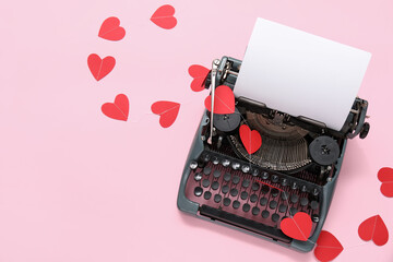 Vintage typewriter and paper hearts for Valentine's day on pink background
