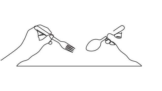 Continuous one line animation. Hand drawn animated motion graphic element of a side view of a hand
holding a fork and spoon ready to start eating. 4k videos