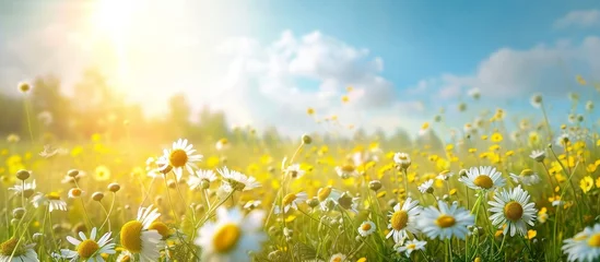 Poster Beautiful natural landscape with yellow chamomile petals, green grass, and a blue sky in the background, creating a scenic meadow. © TheWaterMeloonProjec