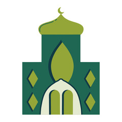 Illustration of a Minimalist Mosque Silhouette: Elegant Design Featuring a Green Mosque or Dome with Islamic Symbolism of Moon and Star. Ideal Logo for Muslim Communities, Organizations, Educational I