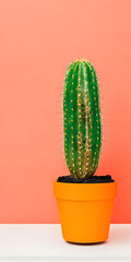 Cactus in pot on orange wall background. Minimal style.  AI Generated