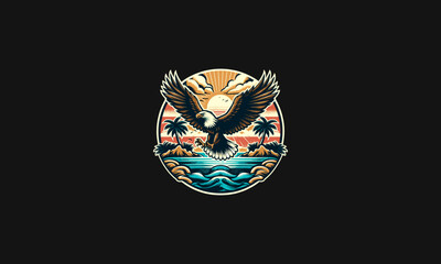 Fototapeta premium flying eagle on sea sunset vector logo design