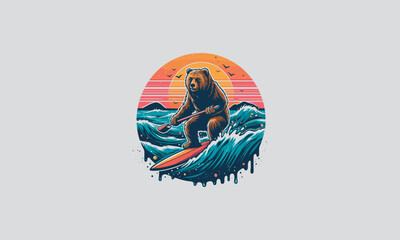 grizzly playing surfing on sea vector flat design