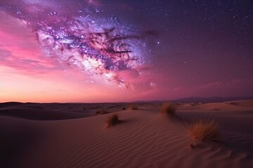 Fototapeta na wymiar Scenic twilight view of sandy desert dunes under a scenic pink gradient starry night sky. Generative AI