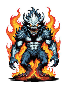 Flaming monster cartoon style isolated on transparent background
