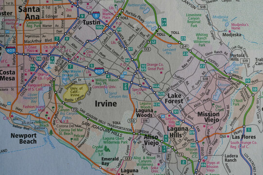 Close-up view of a map of the Irvine, California area with surrounding towns in Orange County.