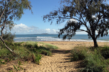 Sandy path leading to Canoe Point beach with the ocean, trees and grass at Tannum Sands,...