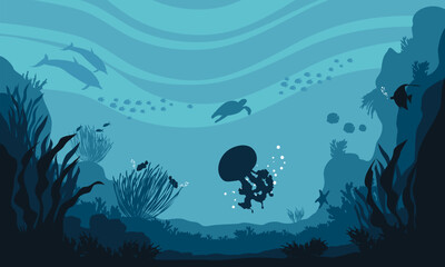 Fototapeta na wymiar Flat cartoon vector illustration. fish and wild marine animals in ocean. vector illustration of underwater ocean fauna with coral reef. aquarium life. tropical aquarium with fishes in blue water.