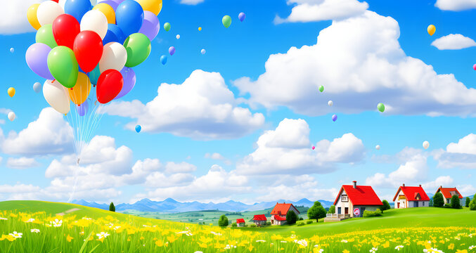 a picture of some balloons flying in the air over the grass
