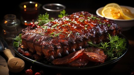 Realistic grilled barbeque with melted barbeque sauce and cut vegetables, black and blur background