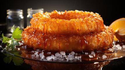 Delicious crispy onion rings, black and blur background