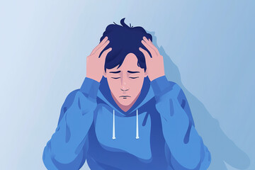 Illustration of a young man who has trouble with anxiety and depression. Sadness man and headache blue mood concept blue background.