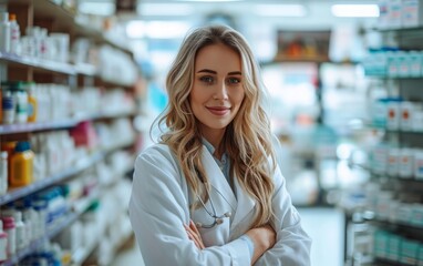 Smiling Female Pharmacist in White Coat