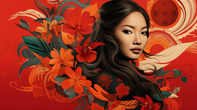 Banner For Asian American And Pacific Islander Heritage Month. Beautiful Horizontal Banner With Portrait Of The AAPI Woman, Flowers And Text