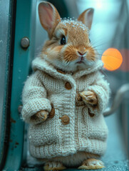 A cute rabbit wearing wool jacked in the snow 