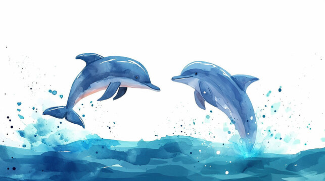ジャンプする2匹のイルカの水彩画　Generative AI