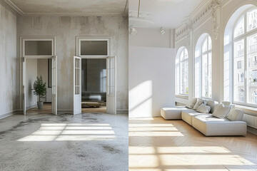 Renovation concept - apartment before and after restoration or refurbishment. - obrazy, fototapety, plakaty