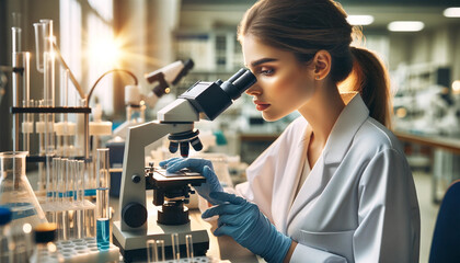 Portrait of woman biochemist using microscope while working on scientific research in laboratory. - obrazy, fototapety, plakaty