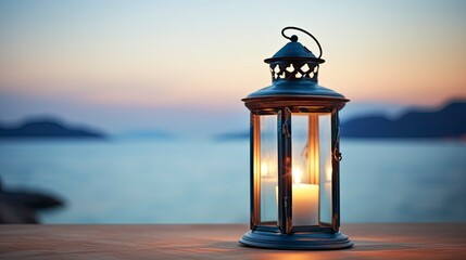 Elegant Lantern Overlooking a Calm Seascape - obrazy, fototapety, plakaty