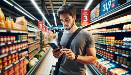 Young man using cell phone while shopping in supermarket. concept shopping