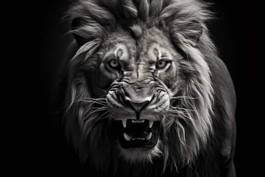 Black and white roaring angry head of lion