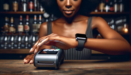 Close up of black woman paying contactless with smart watch in bar. paying check.