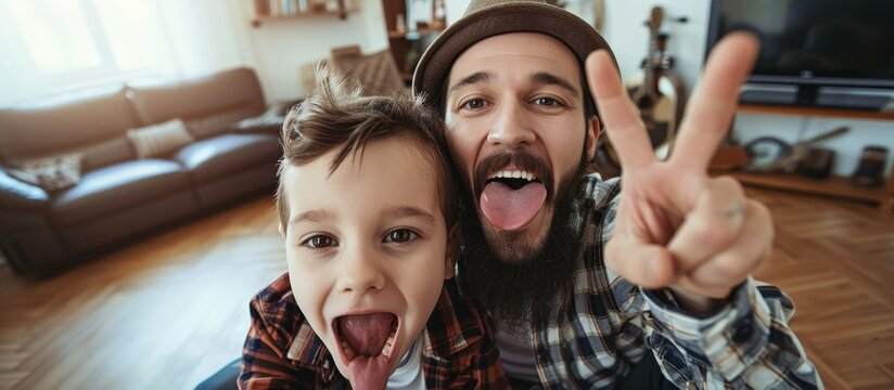 Happy father and son taking a selfie indoors, making punk symbols and sticking out their tongues.