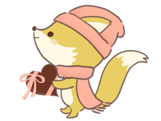 ハートのチョコを持つキツネのイラスト