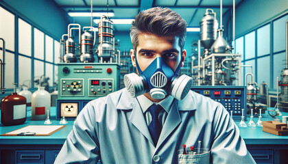 Fototapeta na wymiar a chemical laboratory doctor man with uniform and safety mask.