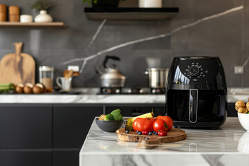 Air fryer and food on the counter in the kitchen.