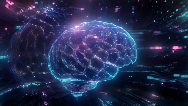 3D image of a glowing brain and the flow of data streams in cyberspace
