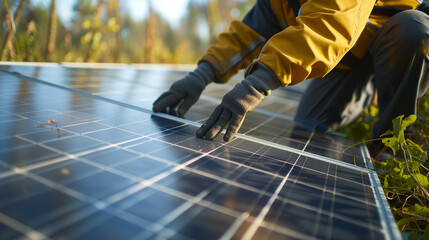 Man technician in work gloves installing stand-alone photovoltaic solar panel system.