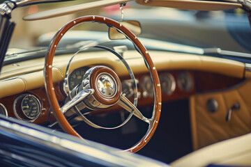 Wooden and steel steering wheel in luxury retro cabriolet car with beige leather interior.