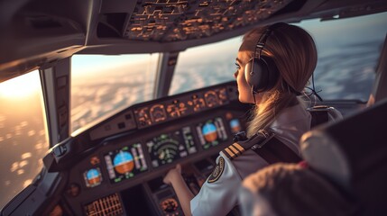 Fototapeta premium Woman Pilot Navigating Commercial Airplane Cockpit